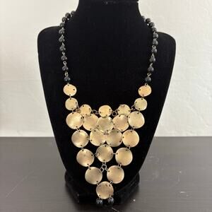 Gold Black Hammered Disk Princess Necklace Shiny Black Bead chain lobster claw